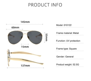 Detailed size chart for gold aviator sunglasses showing lens and frame dimensions