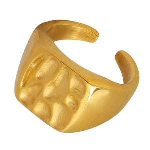 Minimalist wide gold open ring with irregular ripple texture on high quality steel