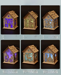 Detail of wooden LED Christmas ornaments in six festive designs with glowing lights