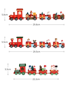 Detailed size specifications for three styles of festive wooden Christmas train ornaments