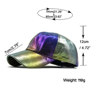 Metallic shiny baseball cap sizing chart with brim length and head circumference info