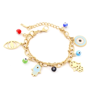 Golden Evil Eye and Hamsa Hand charm bracelet with colorful beads and double chain links