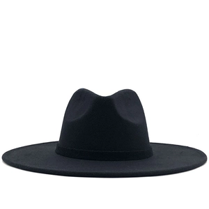 Classic black wide brim wool jazz fedora hat with elegant decorative ribbon band