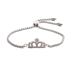 Silver crown pendant bracelet with white zircon and adjustable bead chain link