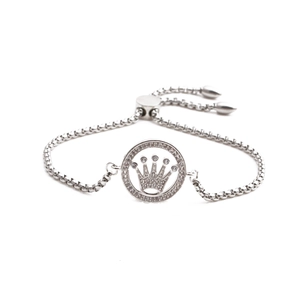 Silver crown pendant bracelet with sparkling crystals and adjustable slider chain