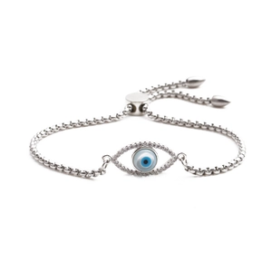 Adjustable silver evil eye chain bracelet with blue pupil and white cubic zirconia
