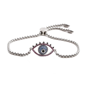 Evil Eye adjustable chain bracelet with multi-color cubic zirconia in silver-tone finish