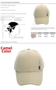 Detailed size guide for cotton baseball cap showing head circumference measurement steps