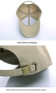 Detail of khaki cotton baseball cap showing interior stitching and adjustable metal buckle