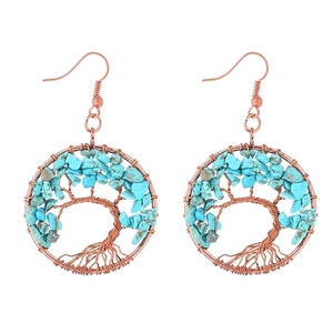Detailed wire-wrapped Tree of Life earrings with green turquoise stones on white background