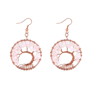 Detail of handmade rose gold life tree earrings with natural pink crystal stones
