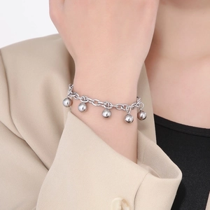 Minimalist titanium steel chain bracelet with five smooth metallic bead charms for women
