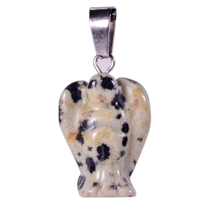 Natural angel stone pendant with silver metal clasp on a clean white background