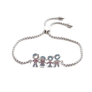 Adjustable stainless steel chain bracelet with crystal boy and girl family charms