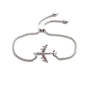 Adjustable stainless steel airplane bracelet with colorful cubic zirconia and ball chain