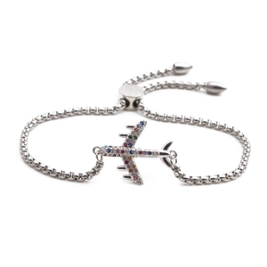 Silver stainless steel airplane bracelet with colorful rhinestones and adjustable bolo clasp