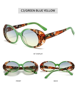 Three-angle view of vintage oval sunglasses with green floral frames and blue-yellow gradient lens