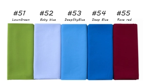 Close-up detail of pearl chiffon fabric swatches in green, blue, and rose red colors
