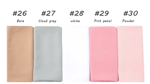 Detailed swatches of breathable pearl chiffon hijabs in bare, cloud grey and pink shades