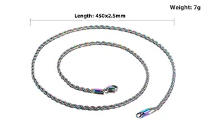 Rainbow stainless steel rope chain 450mm long and 2.5mm wide with lobster clasp