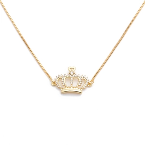 Golden crown pendant necklace with sparkling micro-pave crystals on a thin chain