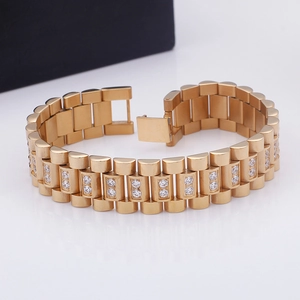 Men's gold-plated stainless steel link bracelet with double-row zircon stones and fold clasp