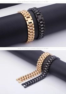 Close-up of gold and black stainless steel bracelets with double-row cubic zirconia inlay