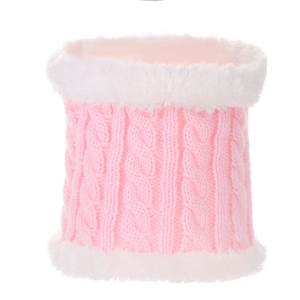 Detail of pink cable knit neck warmer with soft white faux fur lining for kids