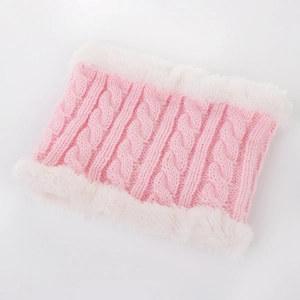 Detailed knit texture of pink winter scarf with white faux fur lining for kids