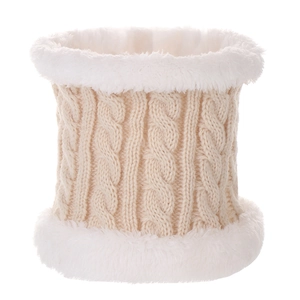 Close-up of beige knit neck warmer with white faux fur trim and cable knit texture