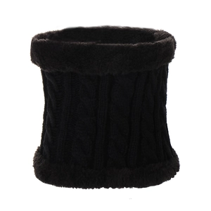 Detail of black cable-knit neck warmer showing thick thermal fleece lining for winter warmth