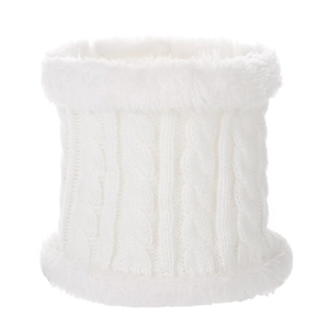 Close-up of white cable knit winter neck warmer with plush faux fur trim detail