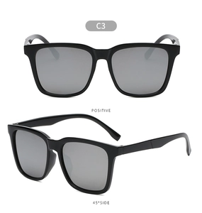 Classic square frame sunglasses with thick black rims and dark gray lenses from dual angles