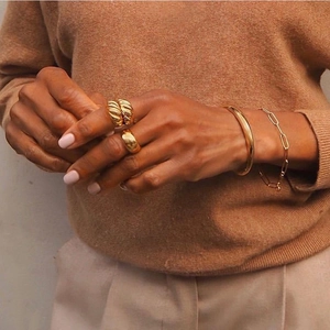 French style 925 sterling silver gold plated wide ripple ring and bracelet set on model