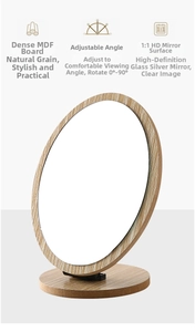 Detail showing high-definition glass mirror and adjustable natural wood grain stand