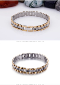 Detail of silver and gold stainless steel jubilee style watch band bracelet for men