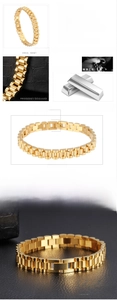Detail view of 18K gold plated steel watchband bracelet showing 210mm length and 10mm width