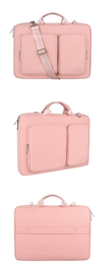 Pink waterproof laptop messenger bag with multiple front pockets and trolley strap detail