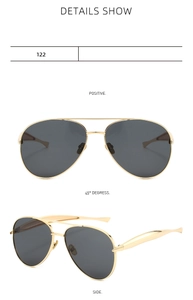 Three-view display of aviator sunglasses with gold metal frames and dark lenses