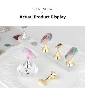 Nail art display stand with crystal base and acrylic strip showing marble tips
