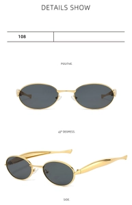 Vues détaillées de lunettes de soleil ovales rétro avec monture dorée et verres noirs
