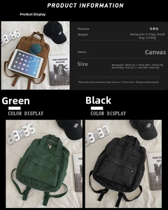 Detailed size specifications for a canvas backpack showing dimensions and weight metrics