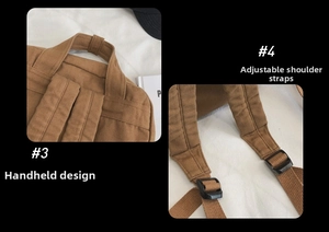 Detail view of brown canvas backpack showing sturdy top handle and adjustable strap buckles