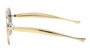 Side view of golden metal frame sunglasses with sleek temples and dark grey lenses