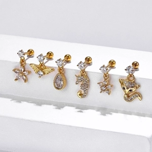 Golden medical stainless steel earring set with zircon animal and flower designs