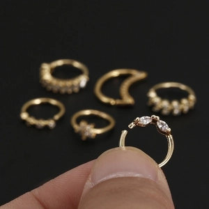 Gold open nose ring set with marquise zircon stars and moon designs for piercings