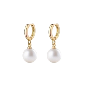 French retro 18K gold plated titanium steel hoop earrings with round white pearl pendants