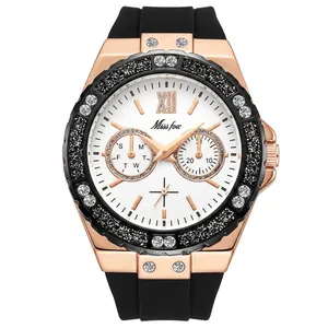 Luxury rose gold women watch with black diamond bezel and sporty silicone strap