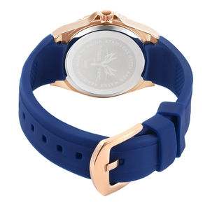 Close-up of MISS FOX watch stainless steel back with blue silicone strap details