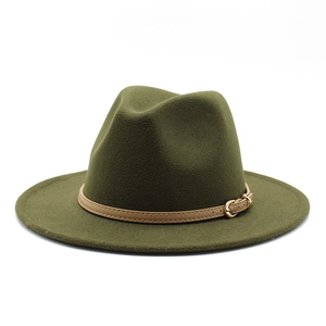 Classic army green fedora hat with a brown buckle strap shown from a side profile view
